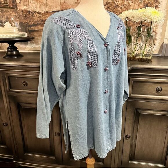 Vintage Denim Oversized Appliquéd Beaded Jacket size Large - Picture 3 of 12